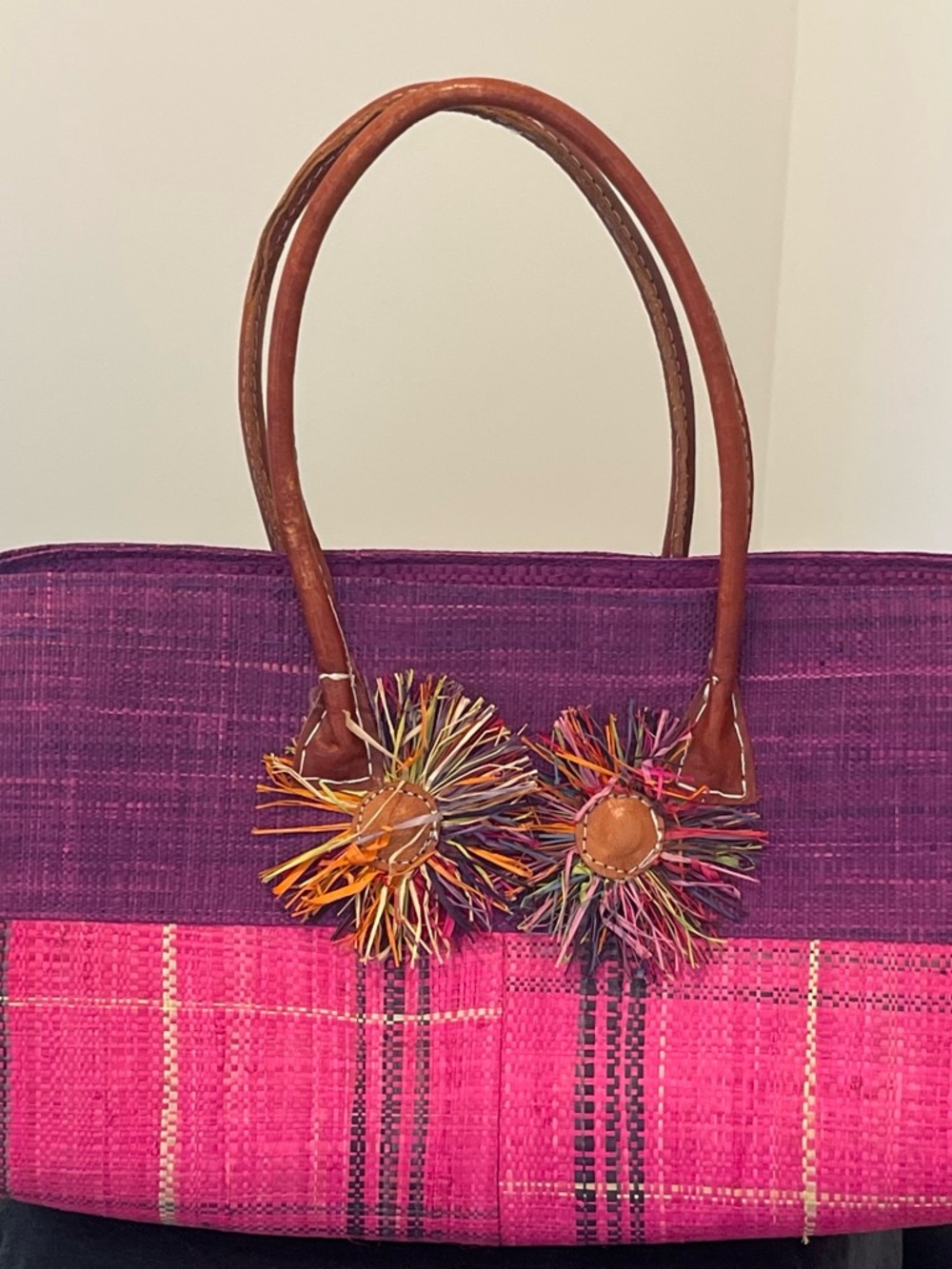 Purple Woven Straw Tote Bag with Leather Handles - Picture 1 of 5
